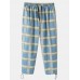 Mens Plaid Relaxed Fit Drawstring Cuff Pants With Pocket