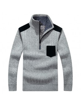 Men’s Casual Business Woolen Zipper Stand Collar Sweaters Patchwork Contrast Color Pullover