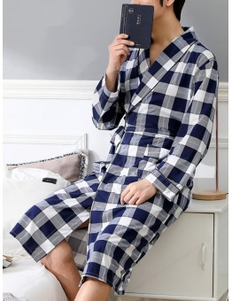Mens Plaid Print Long Sleeve Comfy Sleepwear Bathrobe Home Robe With Pocket