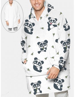 Mens Cute Panda Printed Flannel Oversized Two  Sided Blanket Hoodie With Pouch Pocket